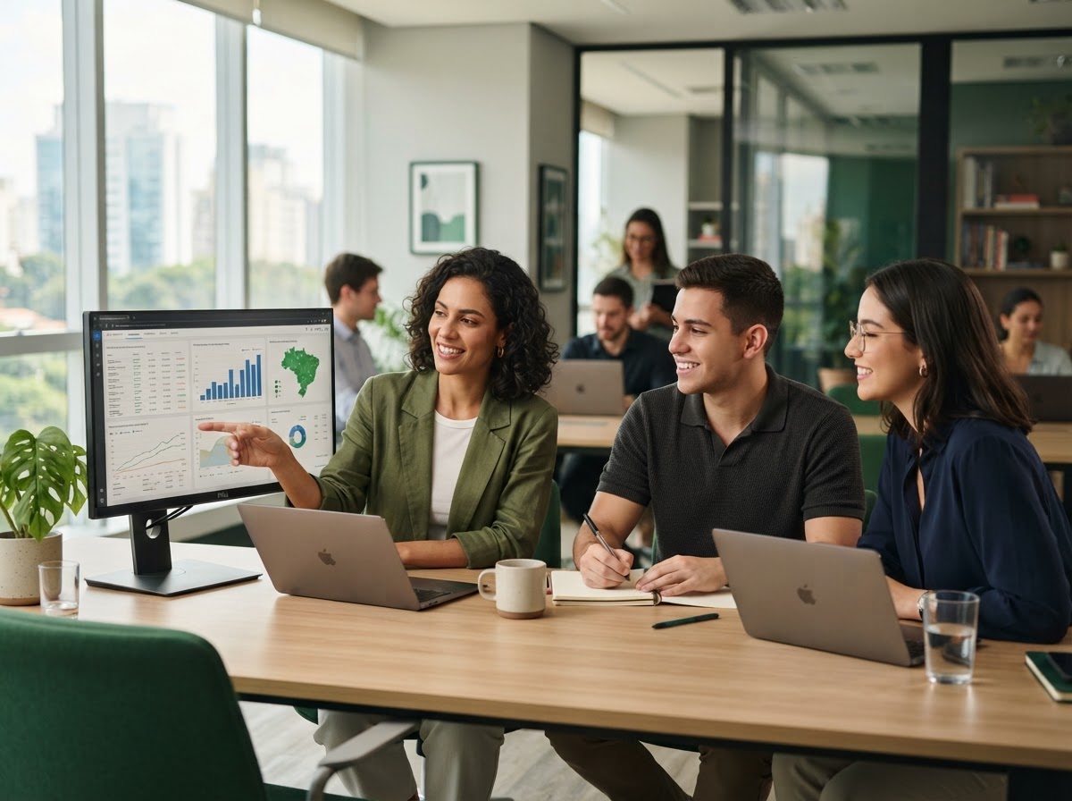 Solene Kressenka — equipe analisando modelos de dados preditivos em ambiente de trabalho